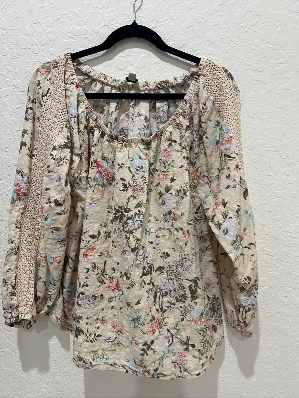 Frye Cream Floral Peasant Blouse with Crochet Trim